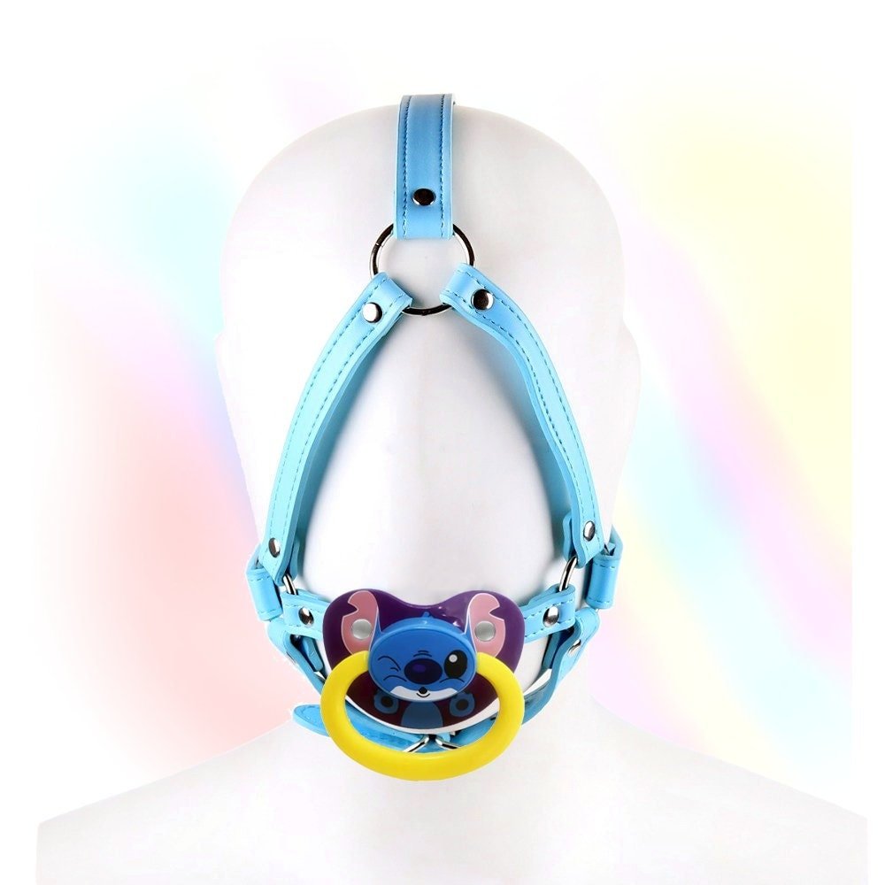 Adult Pacifier Gag Head Harness Stitch Blue - Locking - ABDL Dummy Gag Ddlg  - PaddedPawzUK