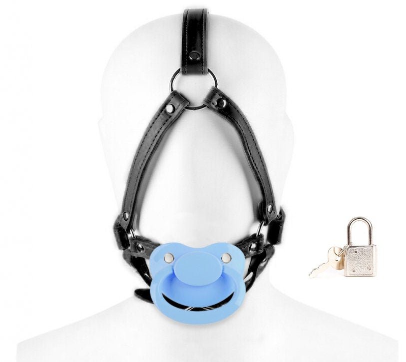 Adult Pacifier Gag Locking Head Harness Black - ABDL Dummy Gag - PaddedPawzUK