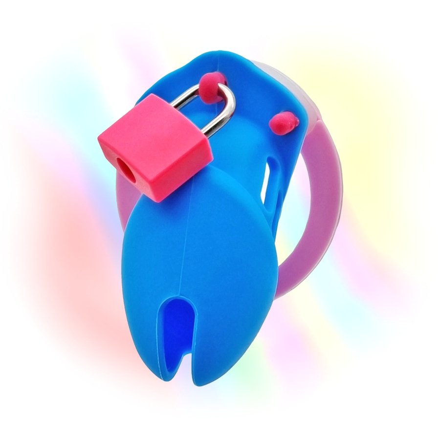 Chastity Cage Silicone V10 - Multicolour Small Male Lock Device Abdl Sissy (Blue Pink White) Fetish - PaddedPawzUK