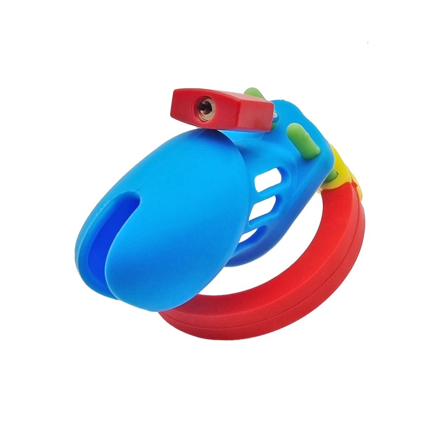 Chastity Cage Silicone V2 - Multicolour Small Male Lock Device Abdl (Blue Yellow Red) Fetish - PaddedPawzUK