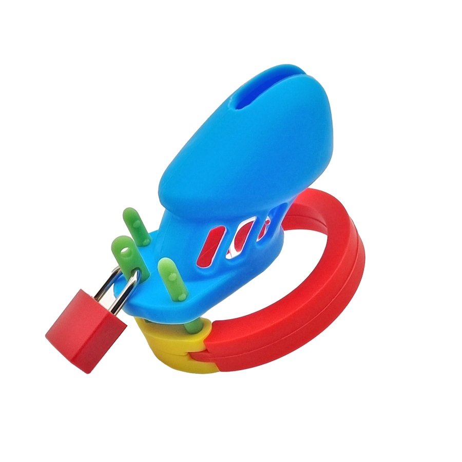 Chastity Cage Silicone V2 - Multicolour Small Male Lock Device Abdl (Blue Yellow Red) Fetish - PaddedPawzUK