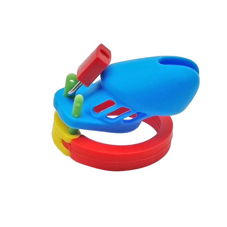 Chastity Cage Silicone V2 - Multicolour Small Male Lock Device Abdl (Blue Yellow Red) Fetish - PaddedPawzUK
