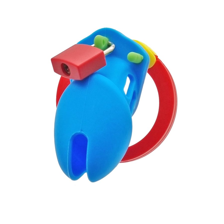 Chastity Cage Silicone V2 - Multicolour Small Male Lock Device Abdl (Blue Yellow Red) Fetish - PaddedPawzUK